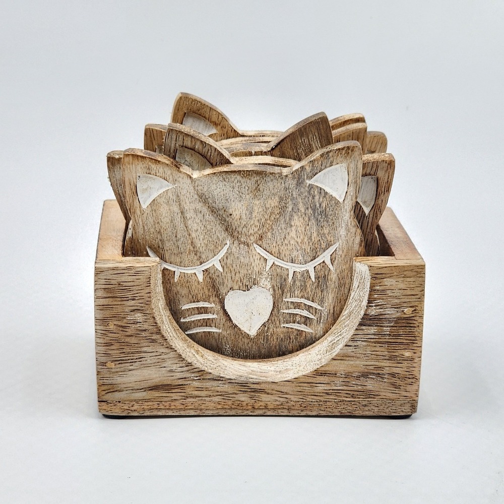 Cat Wooden Hand Crafted Sleeping Kitty Shaped Coasters Set of 6 Shabby Chic